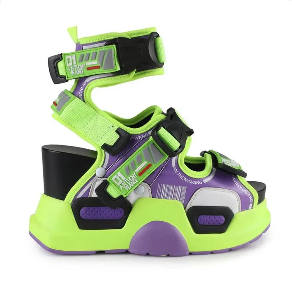 Anthony Wang Neon Toxic Green Purple Platform Wedge Cyberpunk Sandals 8.5